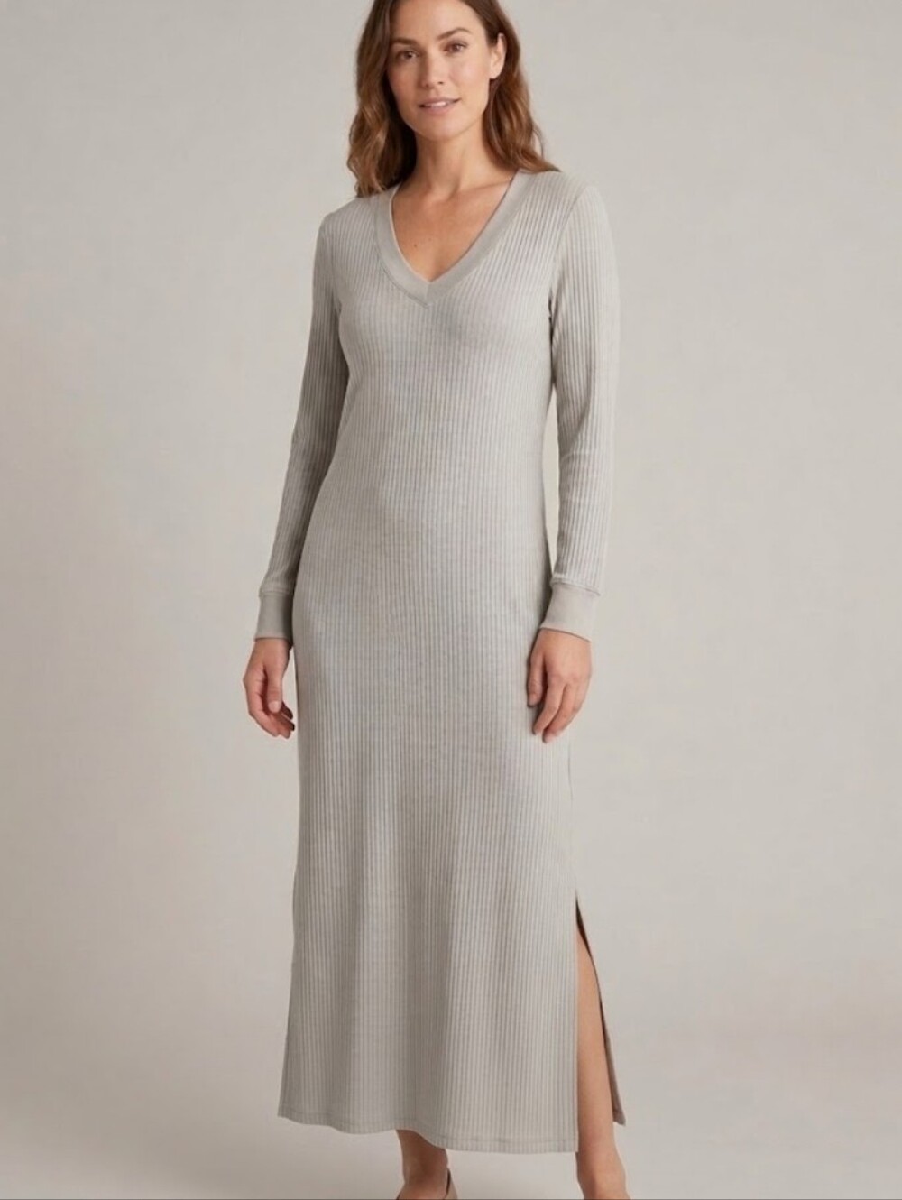 James Perse Long Sleeve Ribbed V Neck Maxi Dress Sage Gray Side Slit Size 3(L)